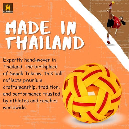 petzlifeworld  Marathon MT-909 International Female/Youth Competition Takraw (Rubber Skin) Lightweight Rattan-Style Plastic Ball | Durable & Safe for Indoor/Outdoor Play | Made in Thailand