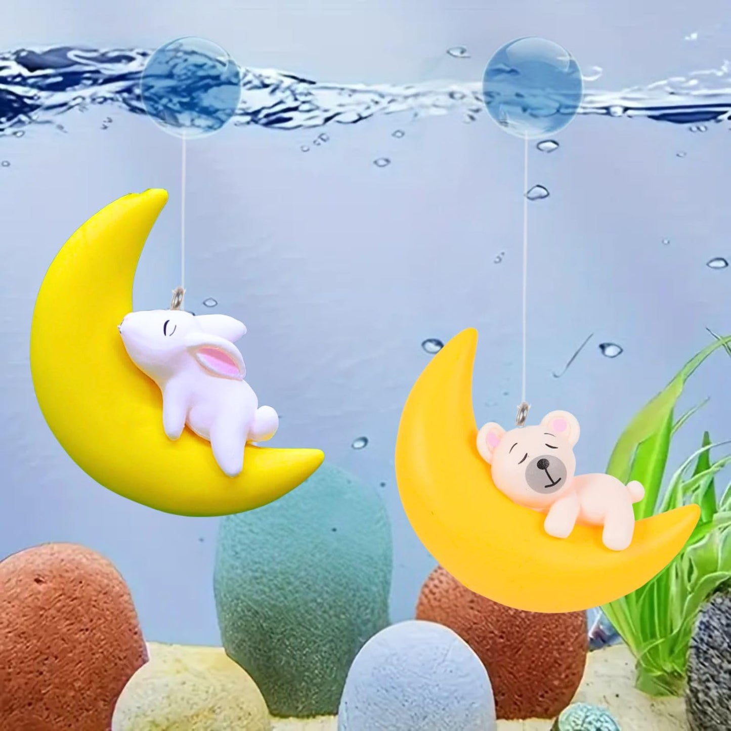 PetzLifeworld 2 Pcs Floating Yellow Half Moon Sleeping Pet Aquarium Toys Mini Fish Tank Attractive Cute Decoration, Miniature Resin Decors (Rabbit)