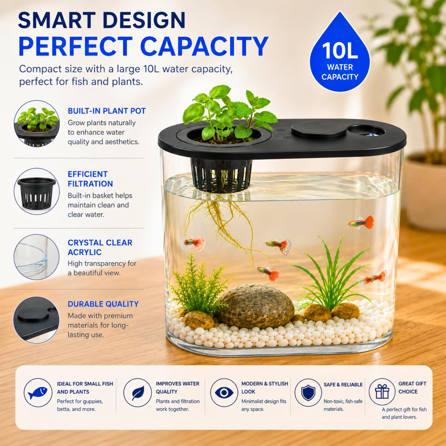 petzlifeworld PS-30L Fish Tank with Plant Growing Basket & 7-Color LED Light | 10L Desktop Aquarium (30 x 13 x 28 cm) | Crystal Clear Aquatic Tank for Guppy, Betta & Small Fish | Modern Home