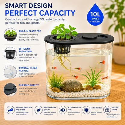 petzlifeworld PS-30L Fish Tank with Plant Growing Basket & 7-Color LED Light | 10L Desktop Aquarium (30 x 13 x 28 cm) | Crystal Clear Aquatic Tank for Guppy, Betta & Small Fish | Modern Home