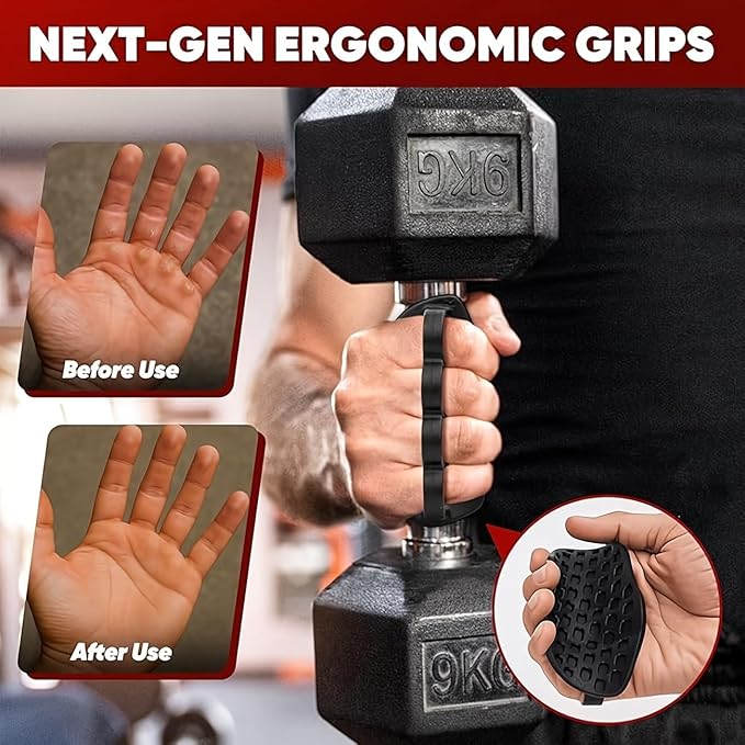 Petzlifeworld Anti-Slip Rubber Gym Workout Grips for Weight Lifting – Palm Protection Deadlift Grip Pads for Barbell, Dumbbell & Pull Ups – Ergonomic Finger Loop Lifting Grips for Men & Women (Black)