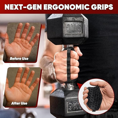 Petzlifeworld Anti-Slip Rubber Gym Workout Grips for Weight Lifting – Palm Protection Deadlift Grip Pads for Barbell, Dumbbell & Pull Ups – Ergonomic Finger Loop Lifting Grips for Men & Women (Black)