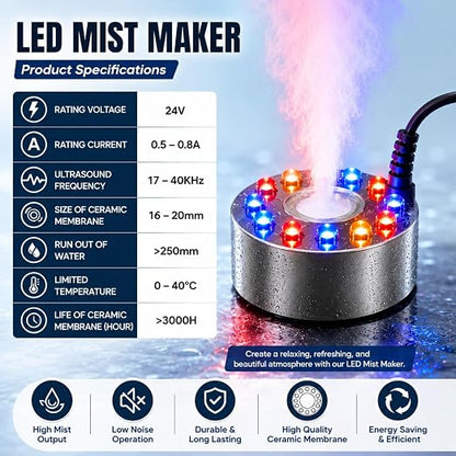 Petzlifeworld MM-20 Mist Maker Fogger 20W with 12 LED Lights & Power Adapter – Stainless Steel Waterproof Pond Fogger for Aquarium, Fountain, Terrarium, Rockery, Garden Pond & Indoor Home Decor