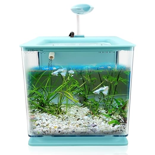 Petzlifeworld BL-06 Compact Acrylic Fish Aquarium Tank with Internal Back Filter and USB Leafy Type LED Light for Home or Office Desktop (2.5-Liter Capcity, Color Vay Vary)