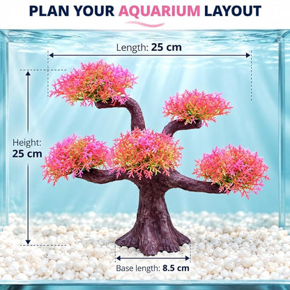 Petzlfieworld Pink Aquarium Plant Ornament (Multiple Branch) Lifelike Artificial Tree Decor for Fish Tank Aquascaping | 25 × 25 × 8.5 cm