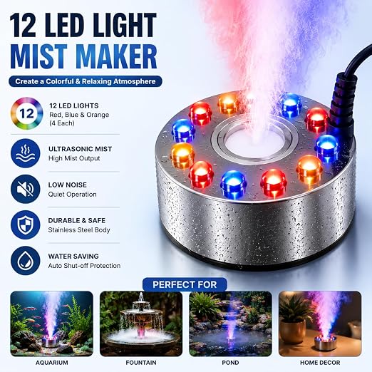 Petzlifeworld MM-20 Mist Maker Fogger 20W with 12 LED Lights & Power Adapter – Stainless Steel Waterproof Pond Fogger for Aquarium, Fountain, Terrarium, Rockery, Garden Pond & Indoor Home Decor