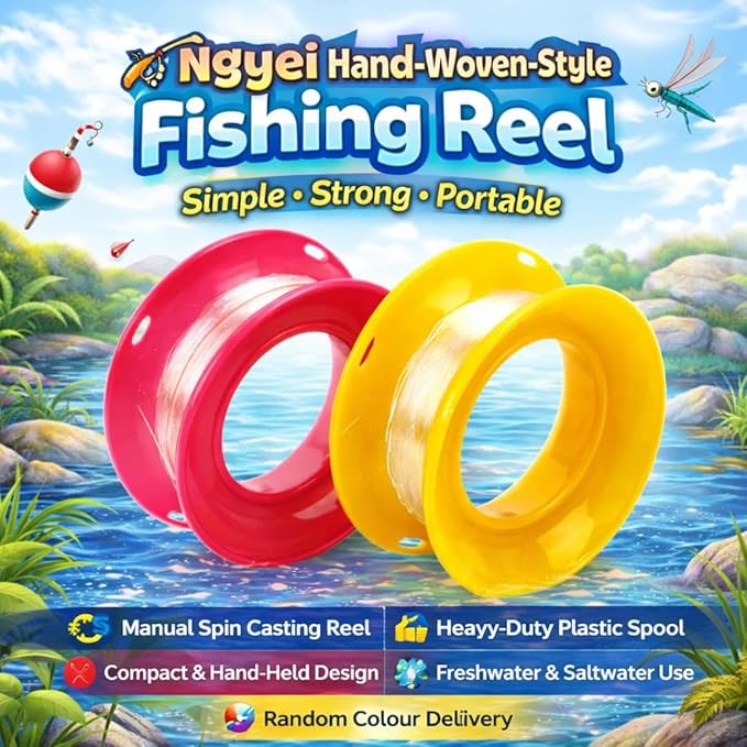 Petzlifeworld 2 Pcs Hand-Woven-Style Fishing Reel (Plastic Spool) – Manual Spin Casting Portable Hand-Held Reel | Random Colour | Compatible with Fishing Rods for Freshwater & Saltwater Angling
