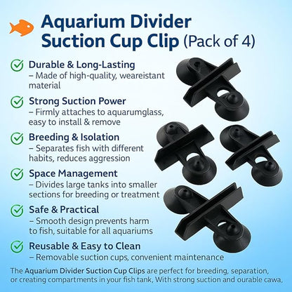 Petzlifeworld Black 4-Pcs Aquarium Divider Suction Cup Clips – Fish Tank Isolation & Breeding Partition Holder, Durable Plastic Glass Clip with Strong Suction