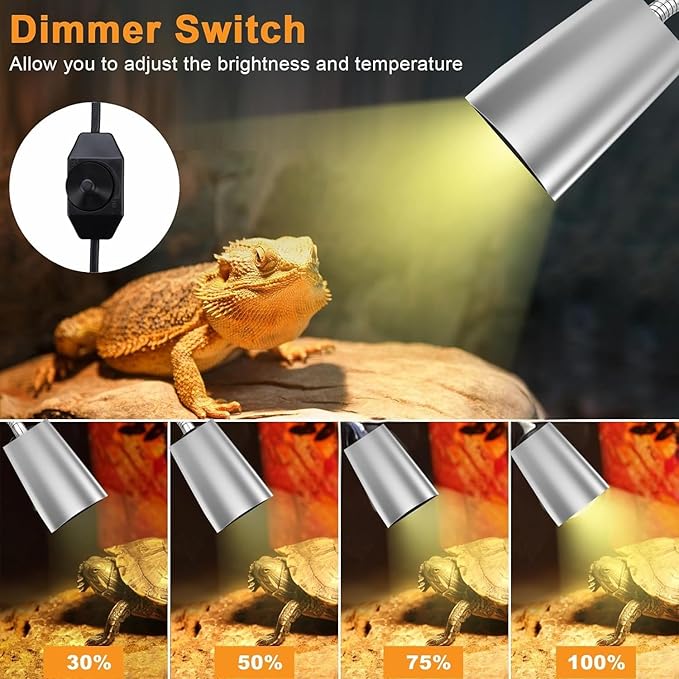 Petzlifeworld Stainless Steel Reptile Heat Lamp Turtle Lights with Dimmer Switch, UVA UVB Bulbs (50W) Aquarium Basking Lamp Adjustable Holder and Intensity Suitable for Birds During Winter & Reptiles
