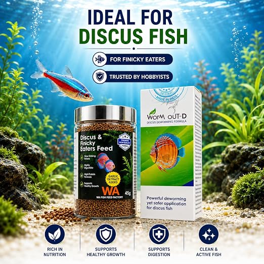 Petzlifeworld Complete Discus Fish Care Combo - WA Discus & Finicky Eaters Feed 45g +AR  Worm Out-D | High Protein Nutrition & Internal Wellness Support