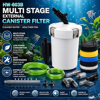 Petzlifeworld Sunsun HW-603B Multi Stage External Canister Filter for Aquarium Fish Tank | Suitable for 1.5 Feet to 2.5 Feet Tank | Multi-Layer Sponge Filtration | Easy Maintenance | Fresh & Salt Water