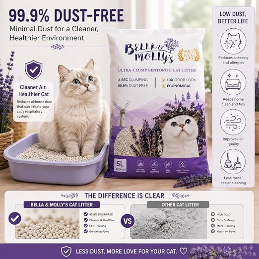 petzlifeworld Bella & Molly’s Fresh Bentonite Cat Litter 5L | 3-Second Fast Clumping | 99.9% Dust-Free | 10X Odor Lock | Long-Lasting Freshness