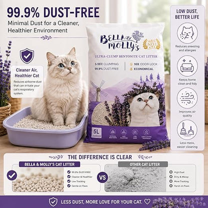 petzlifeworld Bella & Molly’s Fresh Bentonite Cat Litter 5L | 3-Second Fast Clumping | 99.9% Dust-Free | 10X Odor Lock | Long-Lasting Freshness