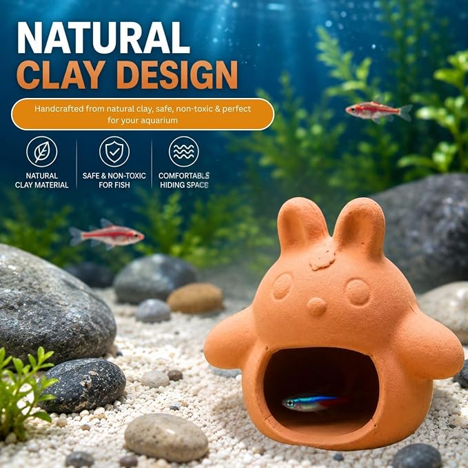Petzlifeworld (Bunny House Natural Clay Fish Tank Hideout | Aquarium Ornament Decoration for Small Fish & Shrimp | Terracotta Shelter for Resting, Hiding & Aquascaping
