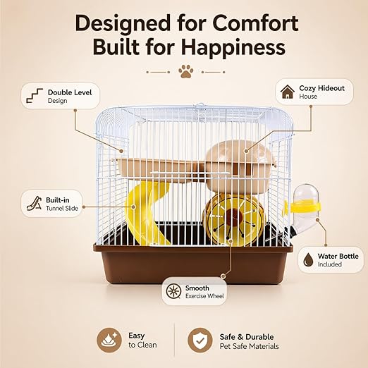 petzlifeworld BES-23 Hamster Cage with Tunnel Slide, Running Wheel & Hideout | Portable Small Pet Cage with Water Bottle for Hamsters & Mice (Random Color)