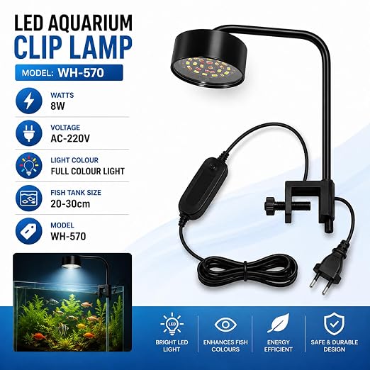 Petzlifeworld Liny WH-570 Aquarium LED Clip Light 8W | White LED Aquarium Lamp for 20–30cm Fish Tanks | AC 220V Energy Efficient Lighting | Easy Clip-On Design for Nano Tanks Aquariums