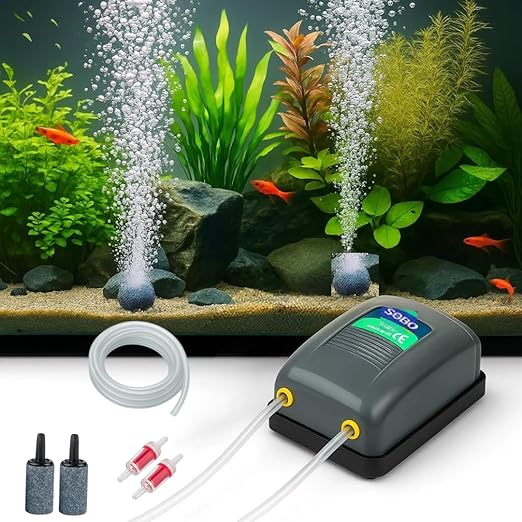 Sobo SB-648 Dual Outlet Silent Aquarium Qxygen Pump with Free 3 Meter Air Tube, 2 Air Stone and 2 Check Valve | Power : 5W | Output : 2 * 4L/min | Pressure : 2 * 0.02mpa