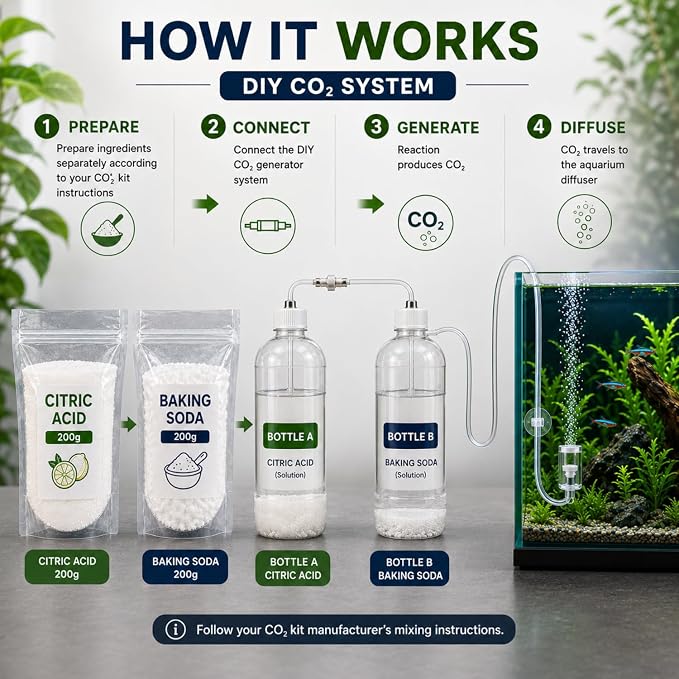 petzlifeworld  DIY Aquarium CO2 Essential Kit – Citric Acid 200g + Baking Soda 200g | CO2 Generator Ingredients for Planted Aquarium & Aquascaping | 400g Combo Pack