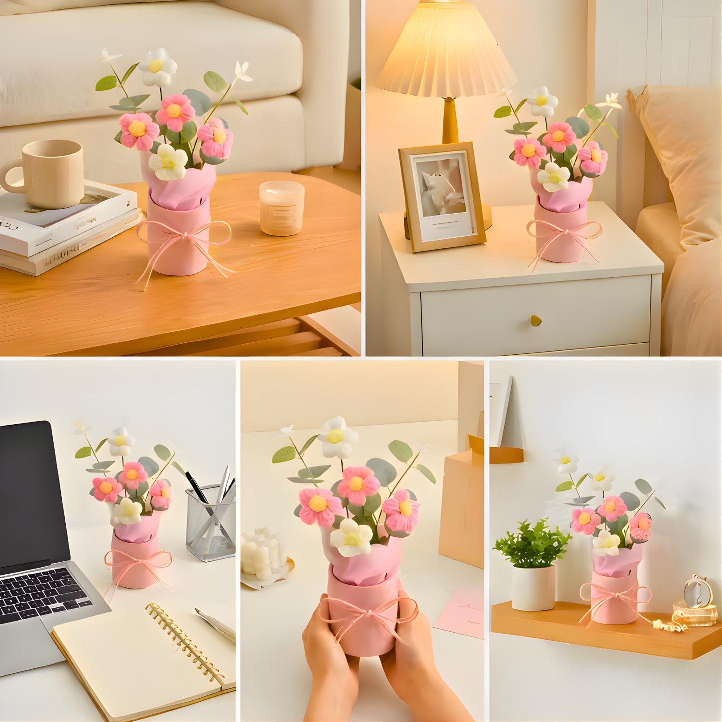 petzlifeworld Handmade Crochet Flower Bouquet with Pink Vase – Artificial Pink & White Daisy Flowers in Gift Box | Cute Home Decor for Desk, Bedroom, Office for Girls, Couples & Friends