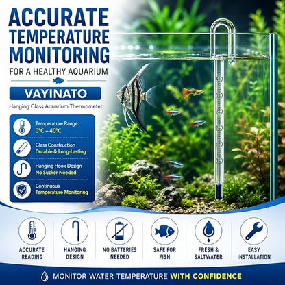 Petzlifeworld Aquarium Fish Tank Hanging Thermometer No Sucker Needed | Accurate Reading
