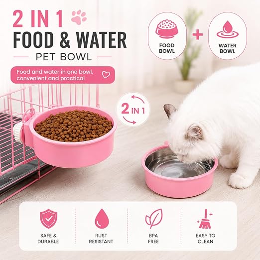 Petzlifeworld 2-in-1 Hanging Pet Food & Water Bowl | Stainless Steel Removable Feeding Bowl with Secure Cage Clip Holder | Suitable for Cats, Dogs, Rabbits, Birds & Small Animals | Random Colour