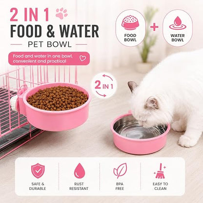 Petzlifeworld 2-in-1 Hanging Pet Food & Water Bowl | Stainless Steel Removable Feeding Bowl with Secure Cage Clip Holder | Suitable for Cats, Dogs, Rabbits, Birds & Small Animals | Random Colour