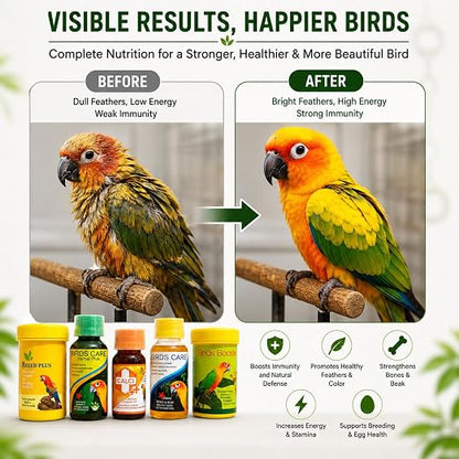 Petzlifeworld Bird Care 5 in 1 Combo for All Your Pet Birds (Birds Care, 60Ml + Birds Care Herbal Plus, 60Ml + Calci Plus, 30Ml + Bird Booster, 50G + Breed Plus, 50G)