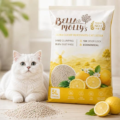 petzlifeworld Bella & Molly’s Fresh Bentonite Cat Litter 5L | 3-Second Fast Clumping | 99.9% Dust-Free | 10X Odor Lock | Long-Lasting Freshness