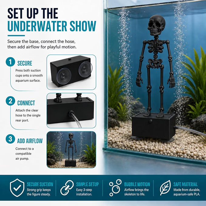 Petzlifeworld 3D Printed Dancing Skeleton Aquarium Ornament – White & Black Variations | Bubble-Activated Moving Fish Tank Decoration with Air Tube Connection & Stable Base