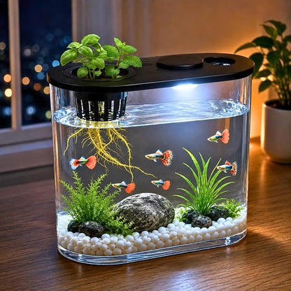 petzlifeworld PS-30L Fish Tank with Plant Growing Basket & 7-Color LED Light | 10L Desktop Aquarium (30 x 13 x 28 cm) | Crystal Clear Aquatic Tank for Guppy, Betta & Small Fish | Modern Home