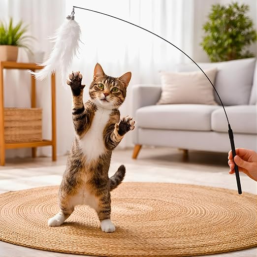 Petzlifeworld Premium Cat Teaser Wand Toy with Natural Feather & Bell – Interactive Flexible Rod Stick for Indoor Cats, Kitten Play, Exercise, Training, Hunting Instinct Stimulation & Stress Relief Pet Toy