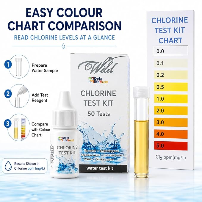 Aquatic Remedies Wild Chlorine Water Test Kit, 50 Tests | Chlorine Testing Kit with Reagent, Test Tube & Colour Chart | for Aquarium, Pool, Tap, Drinking & Industrial Water