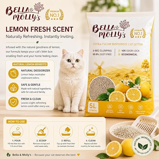petzlifeworld Bella & Molly’s Fresh Bentonite Cat Litter 5L | 3-Second Fast Clumping | 99.9% Dust-Free | 10X Odor Lock | Long-Lasting Freshness
