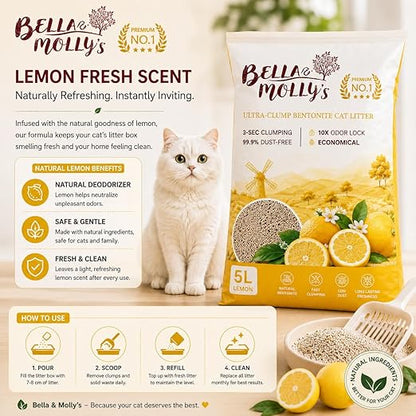petzlifeworld Bella & Molly’s Fresh Bentonite Cat Litter 5L | 3-Second Fast Clumping | 99.9% Dust-Free | 10X Odor Lock | Long-Lasting Freshness