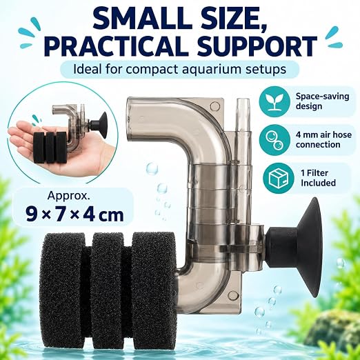 Petzlifeworld Mini C-Type Bio Sponge Filter for Nano Aquariums & Fish Bowls (9 × 7 × 4 cm) Suction Cup Mount | Biological Filtration & Aeration | 4 mm Air Hose Connection