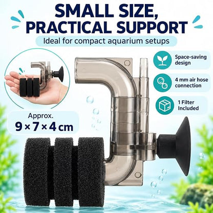 Petzlifeworld Mini C-Type Bio Sponge Filter for Nano Aquariums & Fish Bowls (9 × 7 × 4 cm) Suction Cup Mount | Biological Filtration & Aeration | 4 mm Air Hose Connection