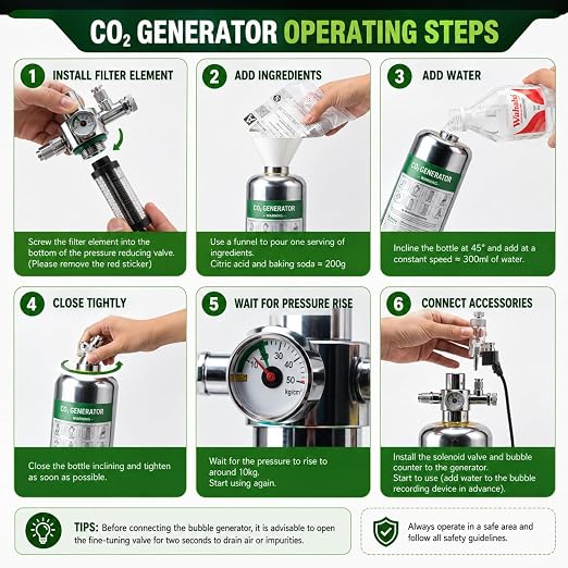 Petzlifeworld 2L Stainless Steel DIY CO₂ Generator Kit for Planted Aquariums | Citric Acid 200g + Baking Soda 200g | Solenoid Valve, Pressure Gauge, Metal Bubble Counter, CO₂ Tube & Flat Diffuser