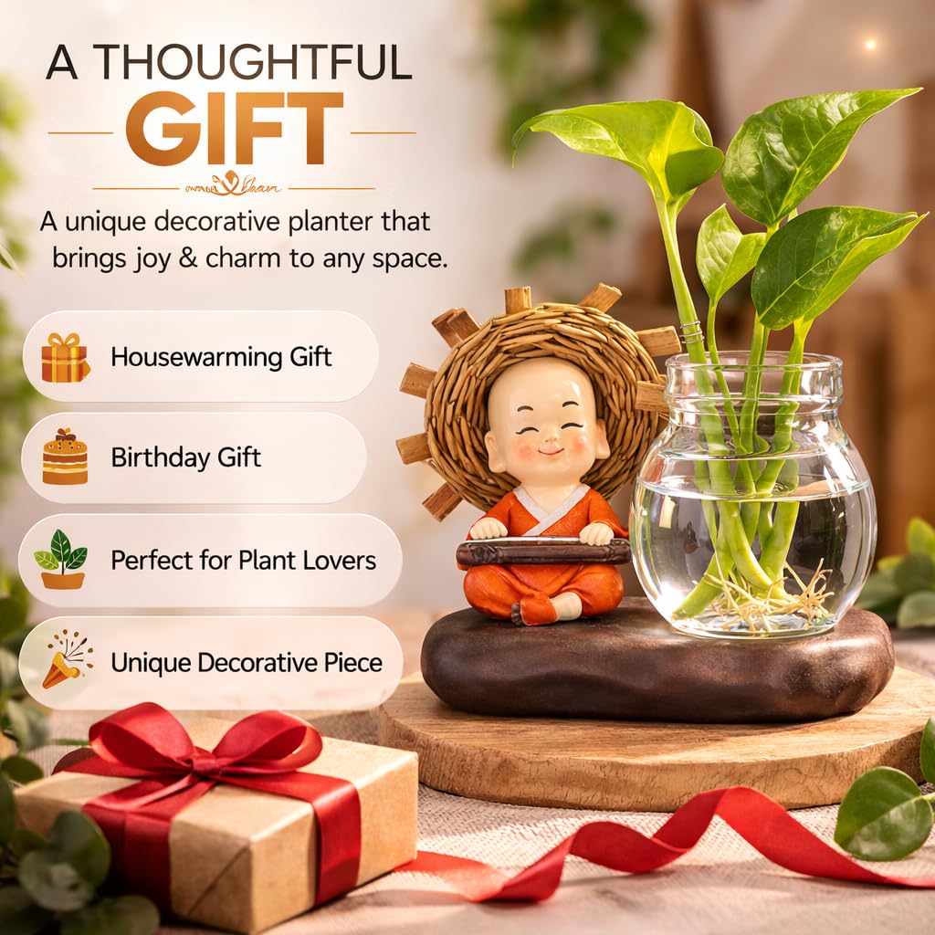 Petzlifeworld Resin Little Buddha Monk with Hydroponic Plant Vase Glass Bowl – Cute Zen Monk Figurine Planter for Indoor Plants, Desktop Table Decor, Hydroponic Pothos Holder for Home Office Decoration