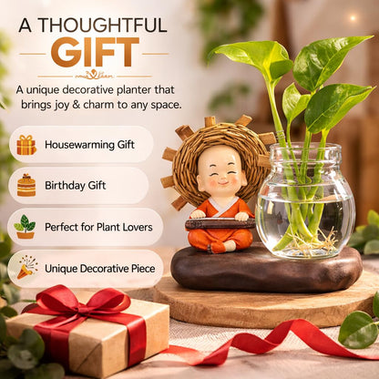 Petzlifeworld Resin Little Buddha Monk with Hydroponic Plant Vase Glass Bowl – Cute Zen Monk Figurine Planter for Indoor Plants, Desktop Table Decor, Hydroponic Pothos Holder for Home Office Decoration