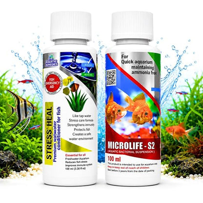 Petzlifeworld Aquatic Remedies (Pack of 2) Stress Heal-100ml & MIcrolife S2-100ml Aquarium Water Condiitoner