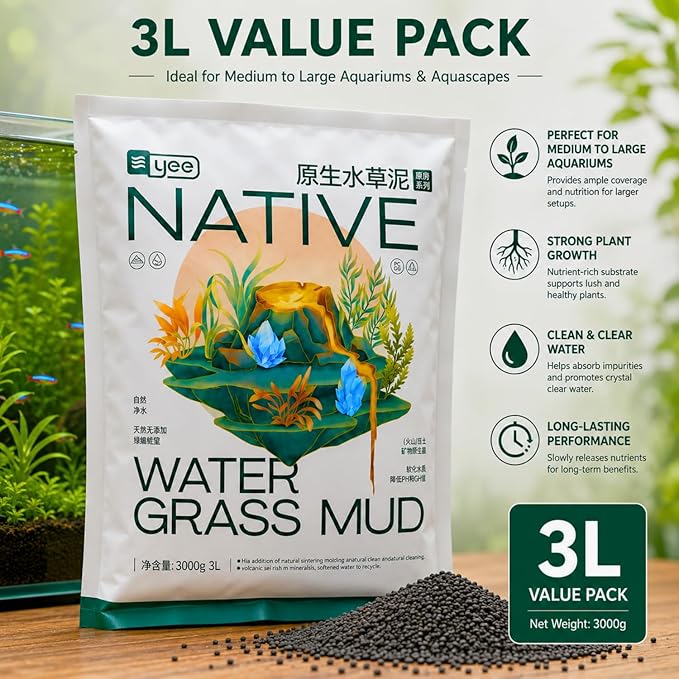 YEE 3L Native Water Grass Aquarium Soil for Planted Aquarium | Nutrient Rich Aqua Soil Substrate for Fish Tanks | pH Buffering 6.0–7.0 | Low Dust Long-Lasting Granules