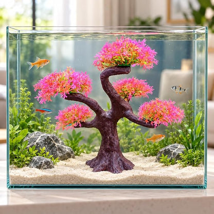 Petzlfieworld Pink Aquarium Plant Ornament (Multiple Branch) Lifelike Artificial Tree Decor for Fish Tank Aquascaping | 25 × 25 × 8.5 cm