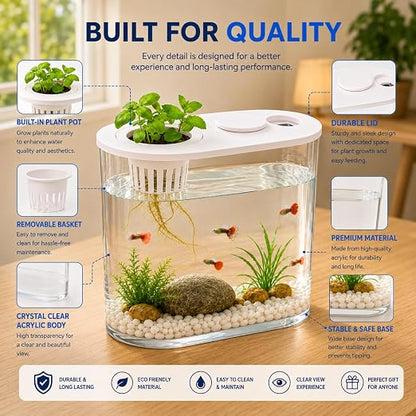 petzlifeworld PS-30L Fish Tank with Plant Growing Basket & 7-Color LED Light | 10L Desktop Aquarium (30 x 13 x 28 cm) | Crystal Clear Aquatic Tank for Guppy, Betta & Small Fish | Modern Home