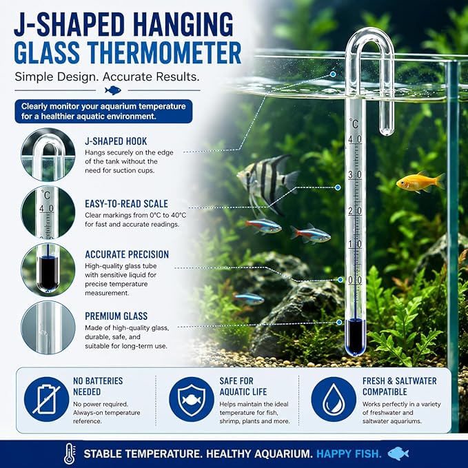 Petzlifeworld Aquarium Fish Tank Hanging Thermometer No Sucker Needed | Accurate Reading