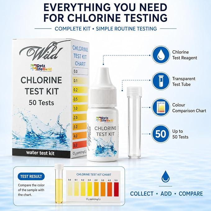 Aquatic Remedies Wild Chlorine Water Test Kit, 50 Tests | Chlorine Testing Kit with Reagent, Test Tube & Colour Chart | for Aquarium, Pool, Tap, Drinking & Industrial Water