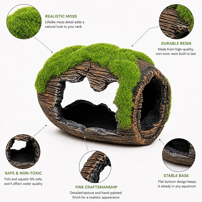 Petzlifewrold Aquarium Barrel Hideout Cave with Artificial Moss – Resin Fish Tank Shelter