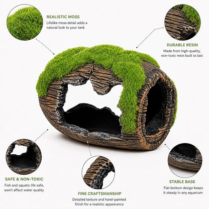 Petzlifewrold Aquarium Barrel Hideout Cave with Artificial Moss – Resin Fish Tank Shelter