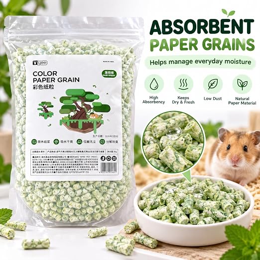 Petzlfiewrold YEE Color Paper Grain Hamster Bedding 1kg (Dark Green and Purple ) | Soft & Absorbent Paper Pellets | Low-Dust & Deodorizing Cage Bedding for Hamsters & Small Pets