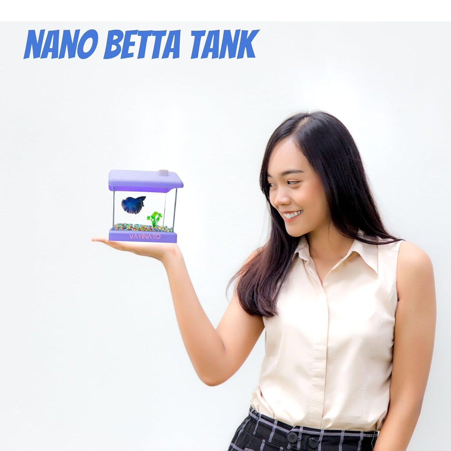 Transparent Acyrlic Betta (Home Model) Fish Tank with Mini Plastic Plants - Random Color (Maximum 500ML Capacity)