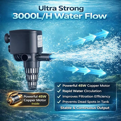 SOBO WP-4880 | 45W | 2M Lift Height Aquarium Submersible Pump 3000L/H High Flow Power Head | Multi-Function Water Circulation, Oxygenation & Filter Support for Freshwater & Marine Tanks